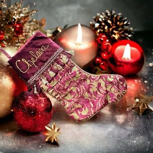 Personalized Christmas stocking “Chelsea” burgundy and gold with tassels.